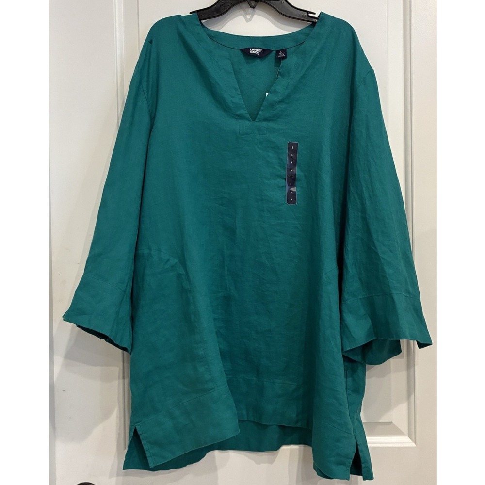 Lands End 100% Linen Tunic Top Size L Green Split Neck Pockets Lightweight NWT